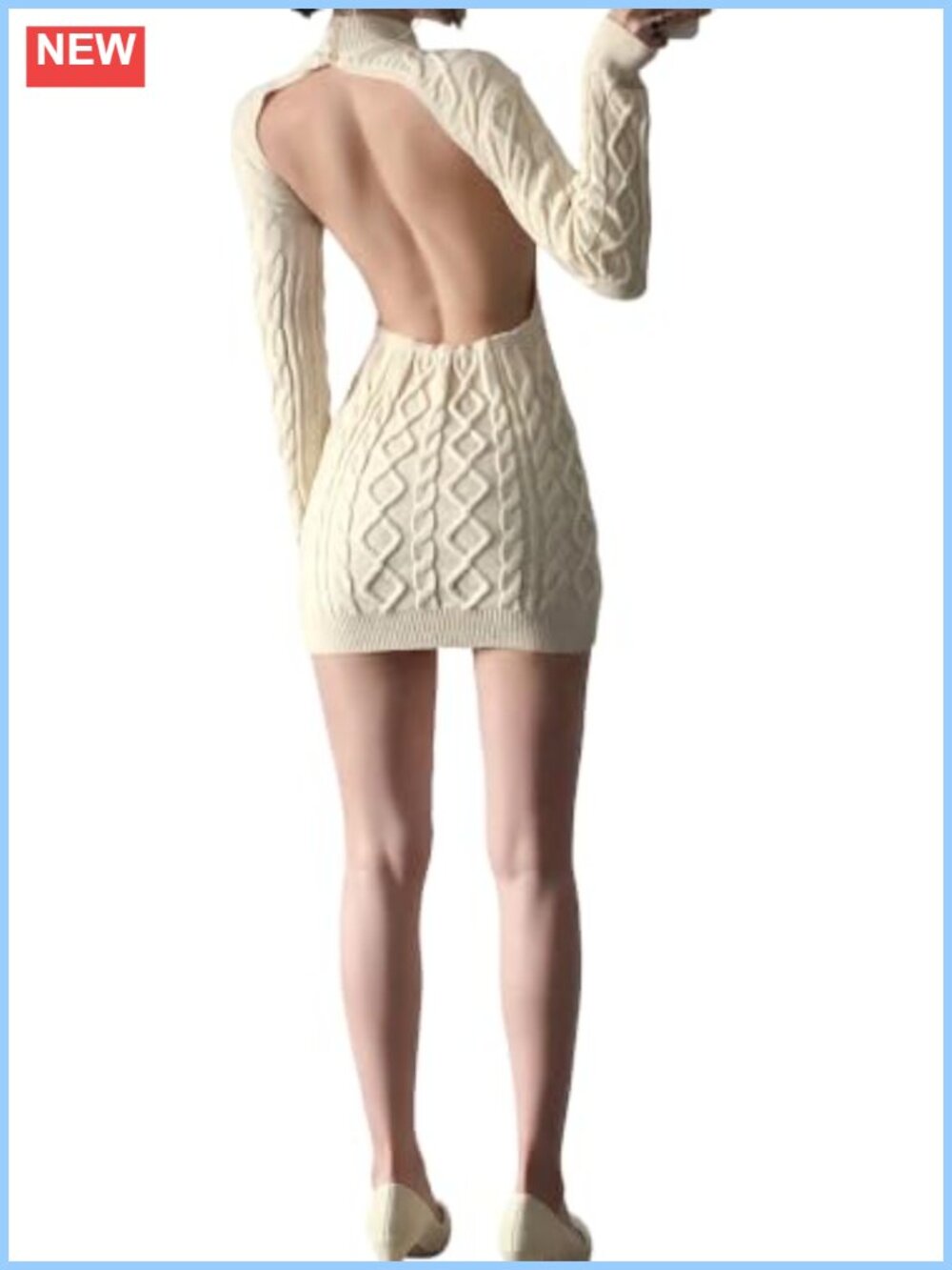 Backless Cable Knit Sweater Dress Mock Neck Long Sleeve Pullover